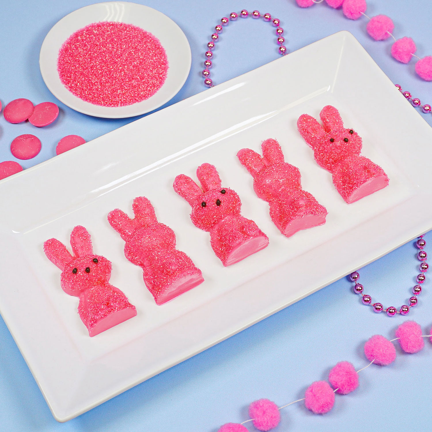 pink chocolate bunnies covered in pink sanding sugar
