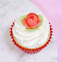 Coral Red Wafer Paper Roses with Leaves