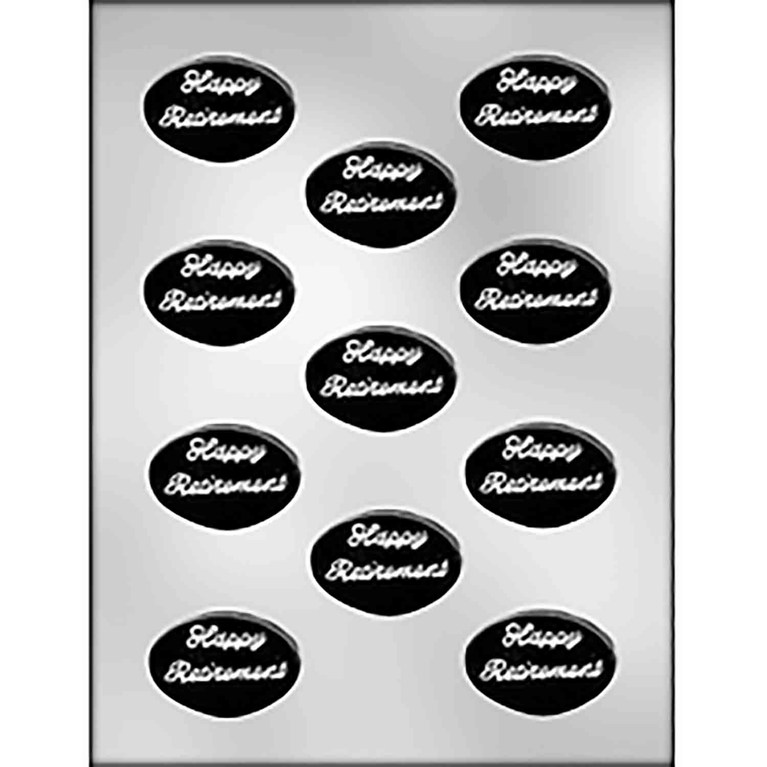 "Happy Retirement" (Script) on Oval Candy Mold