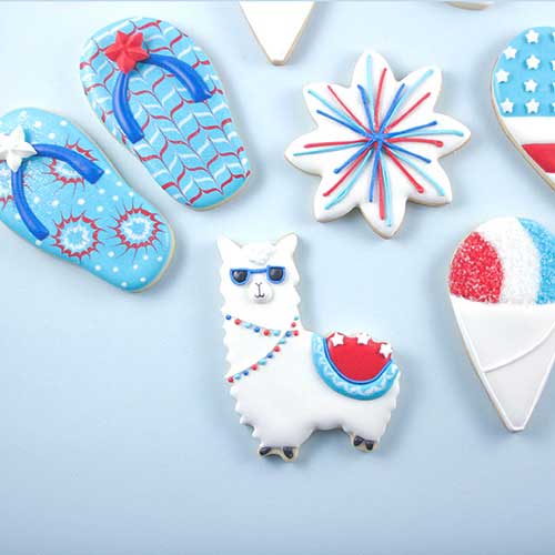 llama and flip flop decorated cookies for 4th of july