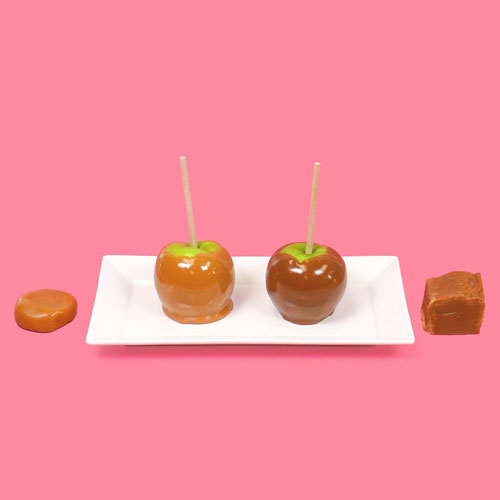 two caramel apples dipped in flow and non-flow caramel for comparison