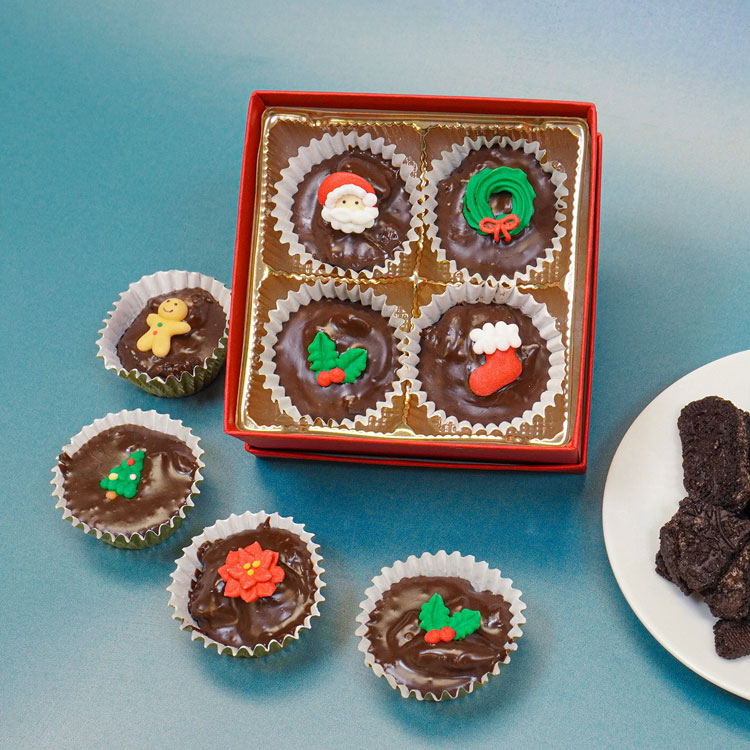 boxed decorated chocolate bark in candy cups for Christmas