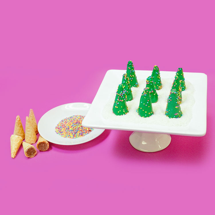 chocolate dipped mini waffle cone christmas trees