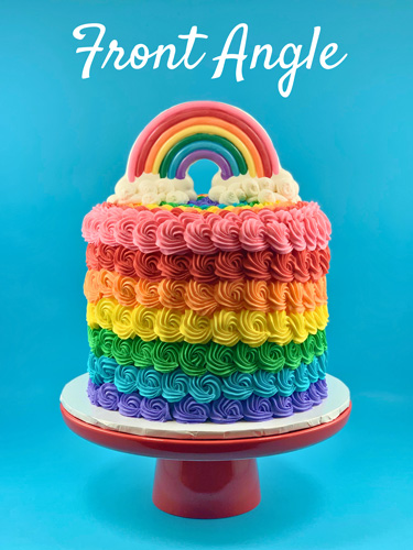 rainbow cake photo from front angle - showcase entire cake