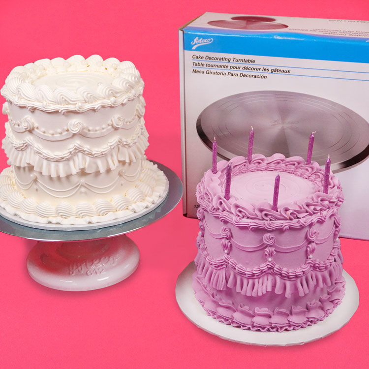 two decorated cakes with a turntable