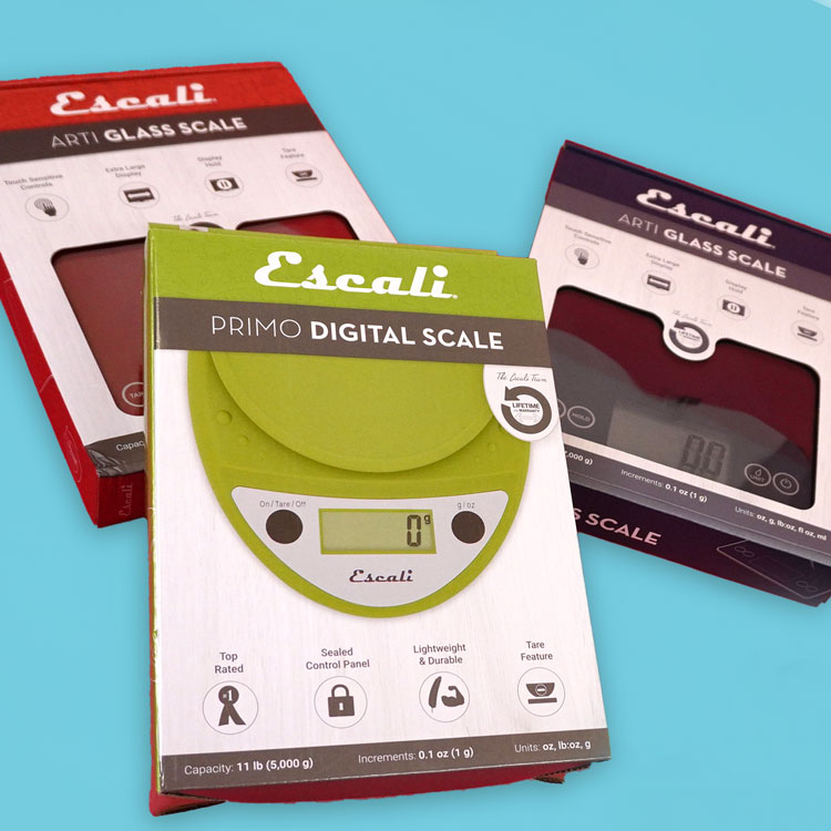 three different colors of escali digital scales, green, red, blue