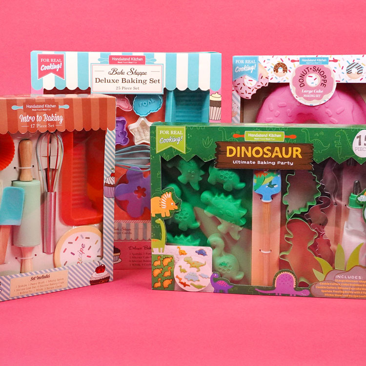 four baking sets for kids, dinosaur and donut themed sets