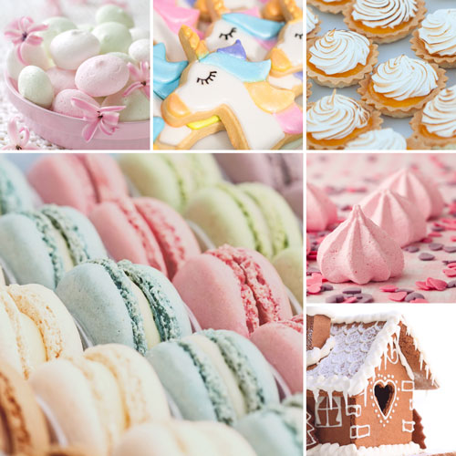 collage of macarons, meringues, royal icing cookies, etc.