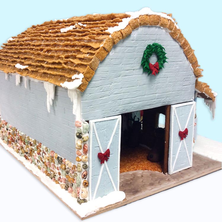 blue gingerbread stable with fondant reideers