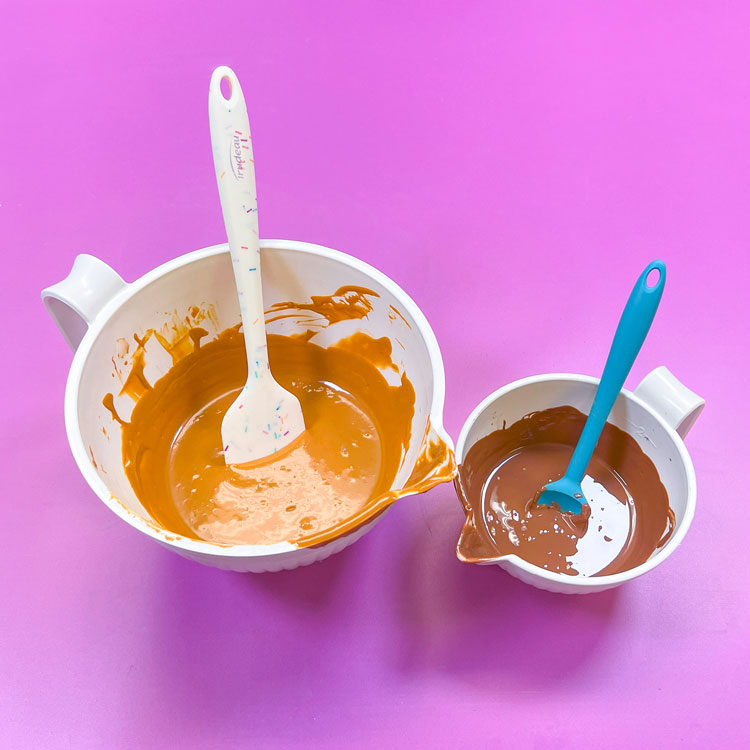 melted chocolate and salted caramel wafers in bowl to be melted