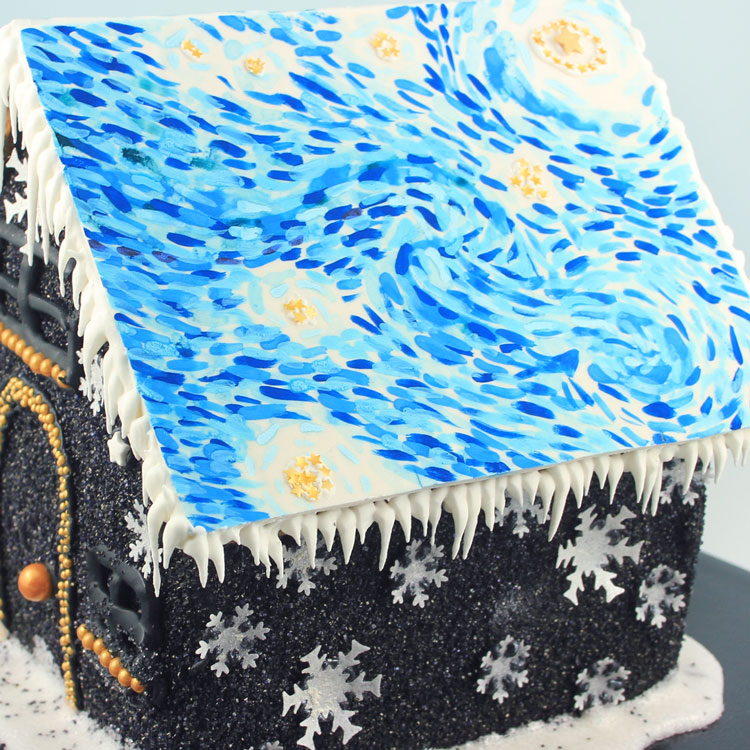 black sugar coated gingerbread house with starry Van Gogh