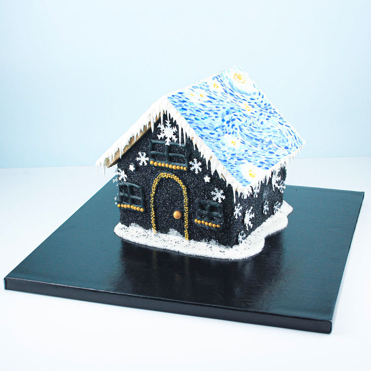 black sugar coated gingerbread house with starry Van Gogh