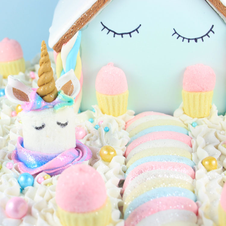 pastel unicorn house with marshmallow accents