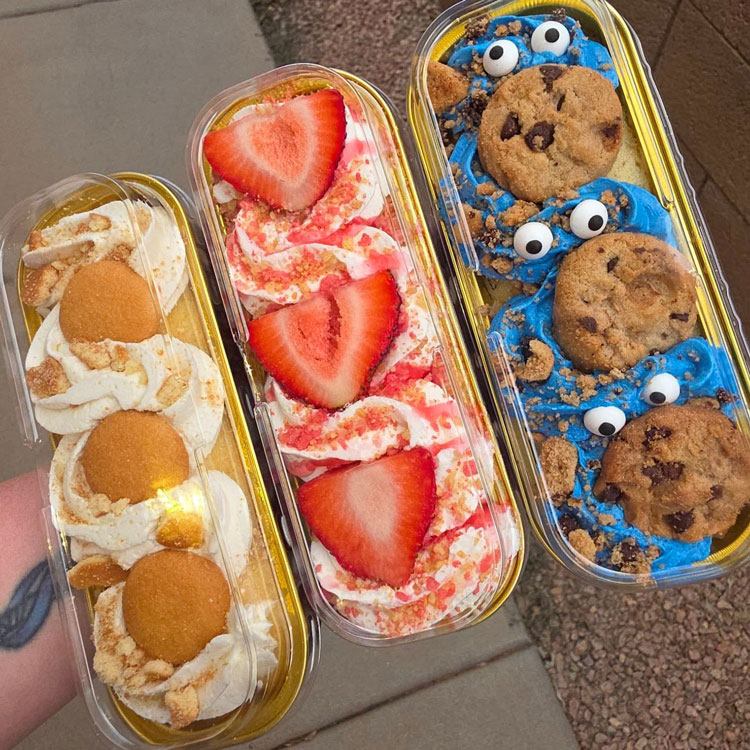 banana pudding, strawberry crunch, and cookie monster mini loaf cakes