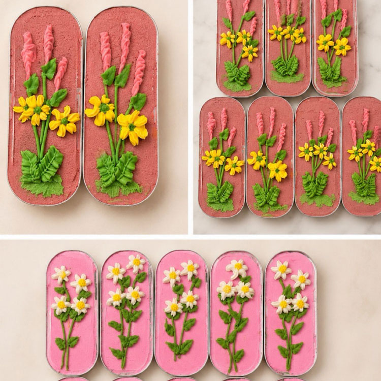 Spring Flowers piped onto mini loaf cakes