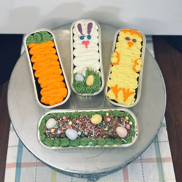 mini cakes decorated as carrot, bunny, chick, and easter eggs for Easter