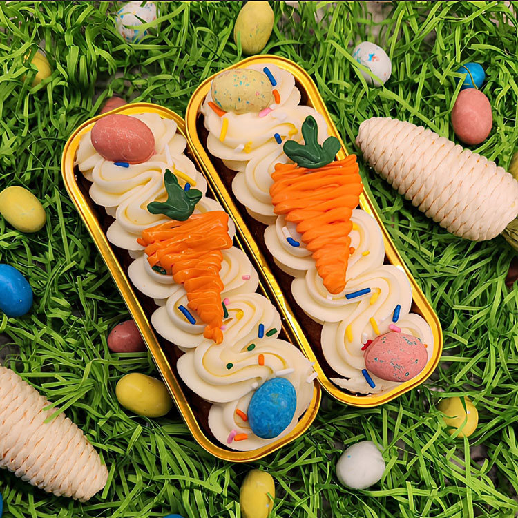 easter cakes topped with chocolate carrots