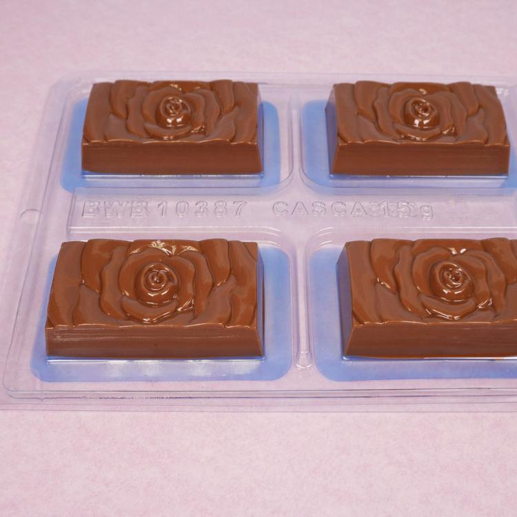 bwb mold flipped over to allow chocolate to fill in mold