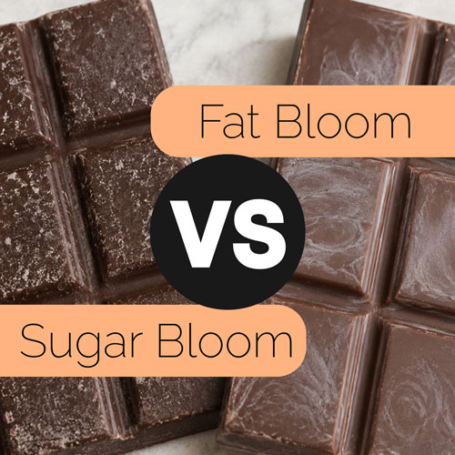 a chocolate bar with sugar bloom and one with fat bloom