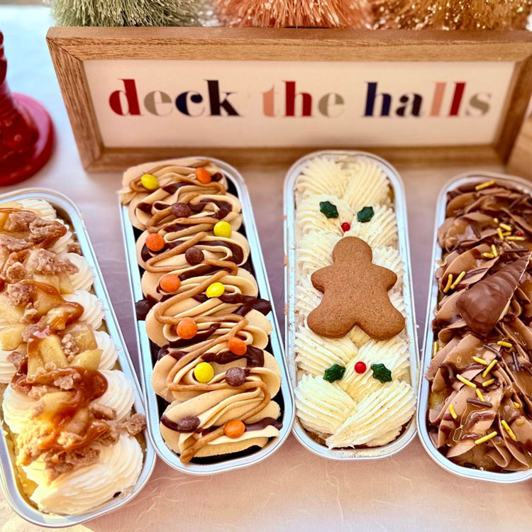 four loaf cakes: apple, reeses, chocolate, and gingerbread for Christmas
