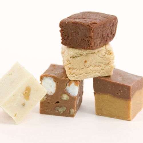 squares of homemade fudge in different flavors