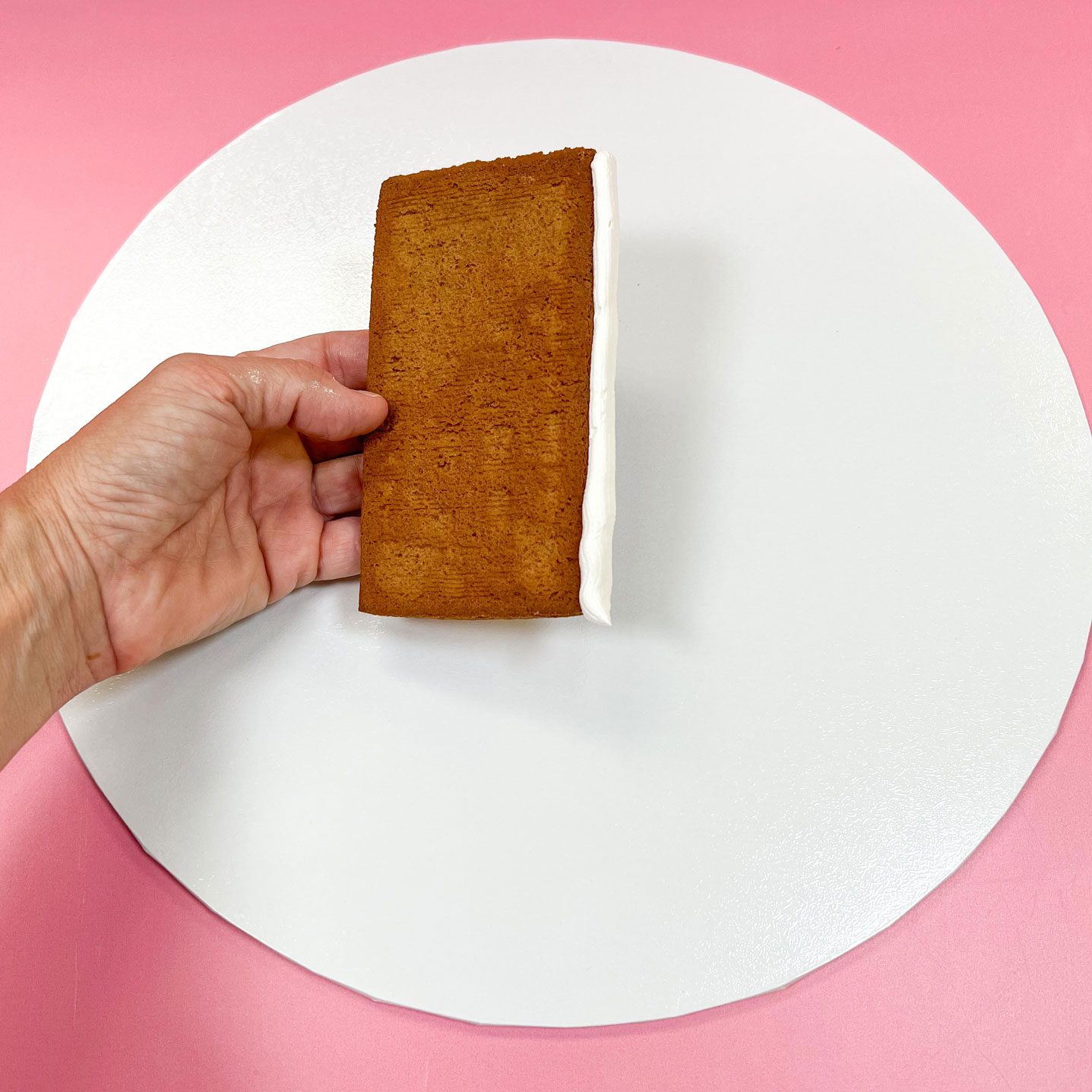 Wall of gingerbread house with line of royal icing piped on one side.