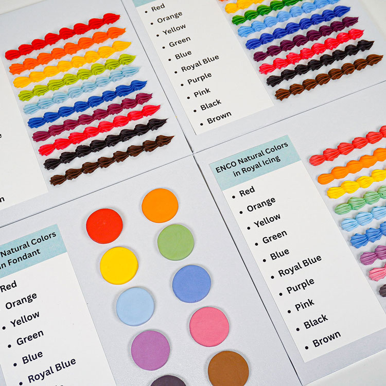 collection results from testing natural food coloring on fondant, royal icing, and buttercream