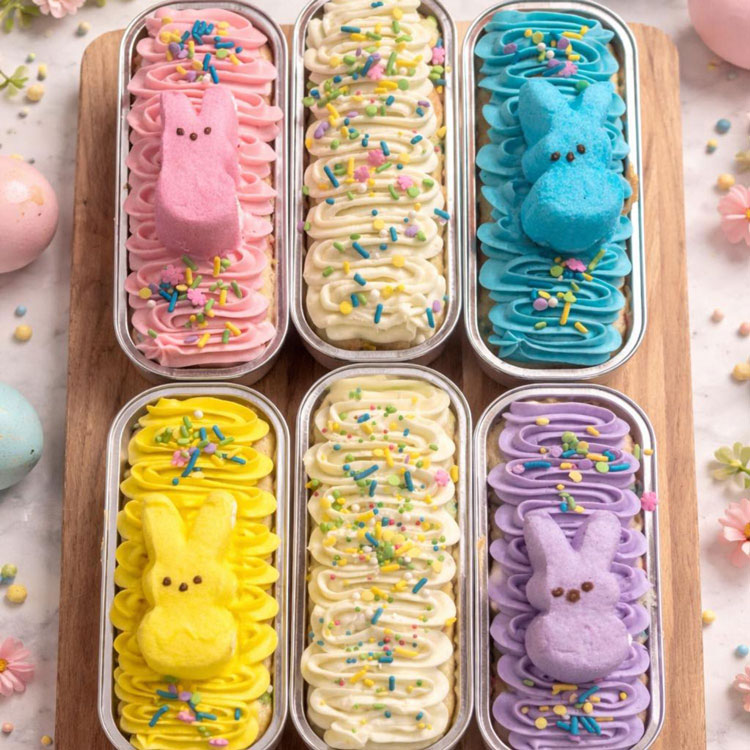 easter bunny peeps topped cakes in pastels