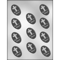 "HE IS RISEN" with Cross on Oval Candy Mold