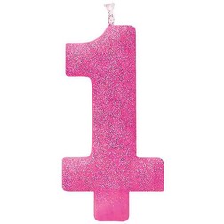 Large Number 1 Pink Glitter Candle