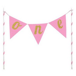 Pink "One" Pennant Cake Topper
