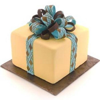 Yellow Cake with Aqua and Brown Argyle Bow