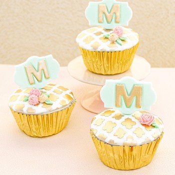 Gold & Blue Floral Monogram Cupcakes