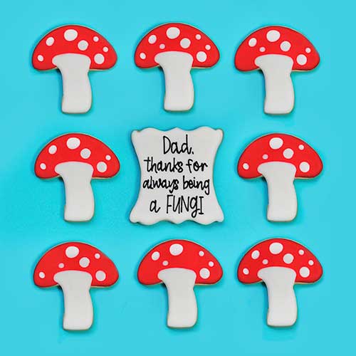 Fataher's Day "Fungi" Pun Mushrroom Cookies and a plaque cooking saying Day, thanks for always being a Fungi!