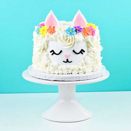 Floral Llama Cake decorated in buttercream and royal icing flowers with fondant ears.