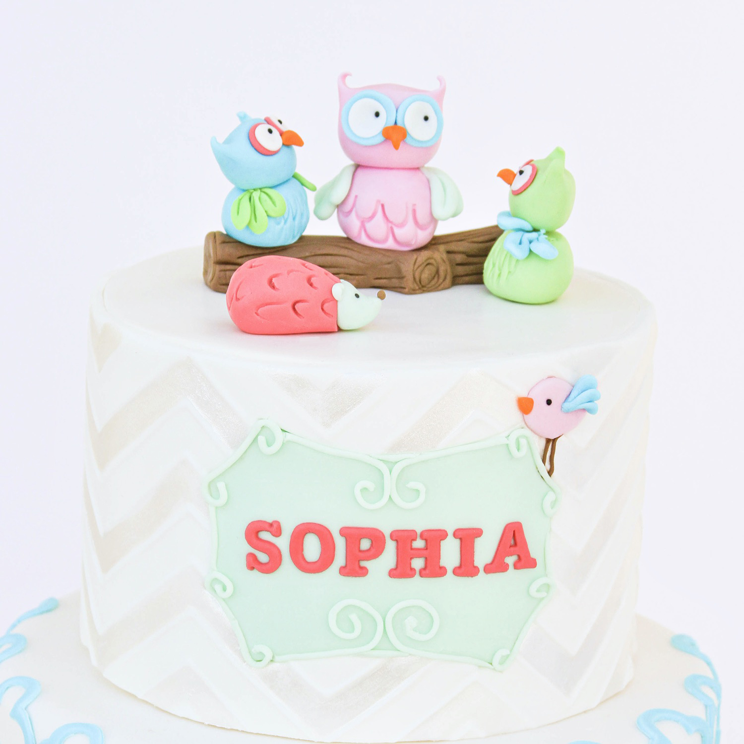 Center stage is the Woodland Owls hand sculted in fondant with arc like feathers. The owls are sitting on a fondant log.