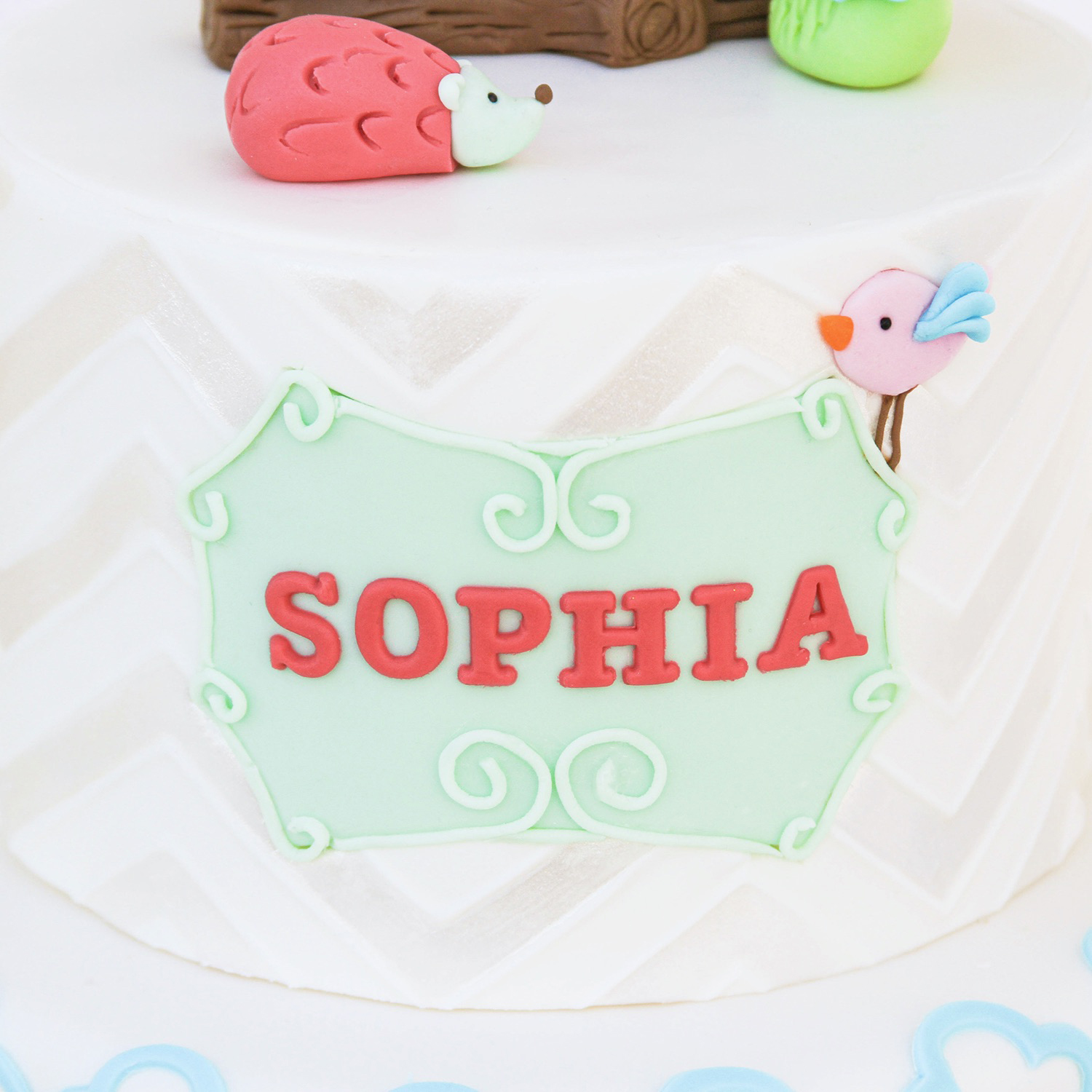 Mint Green Plaque with the Name Sophia in red fondant.