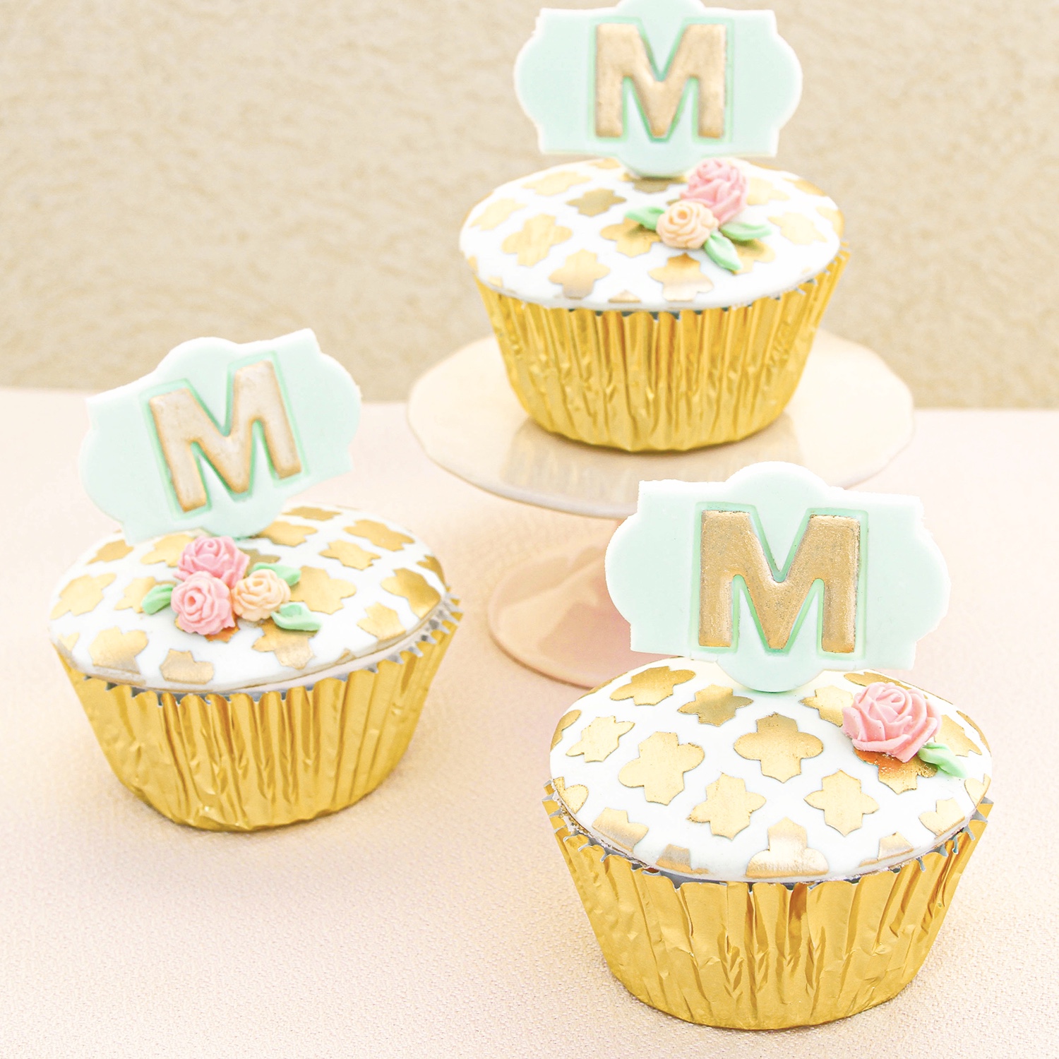 Gold & Blue Floral Monogram Cupcakes