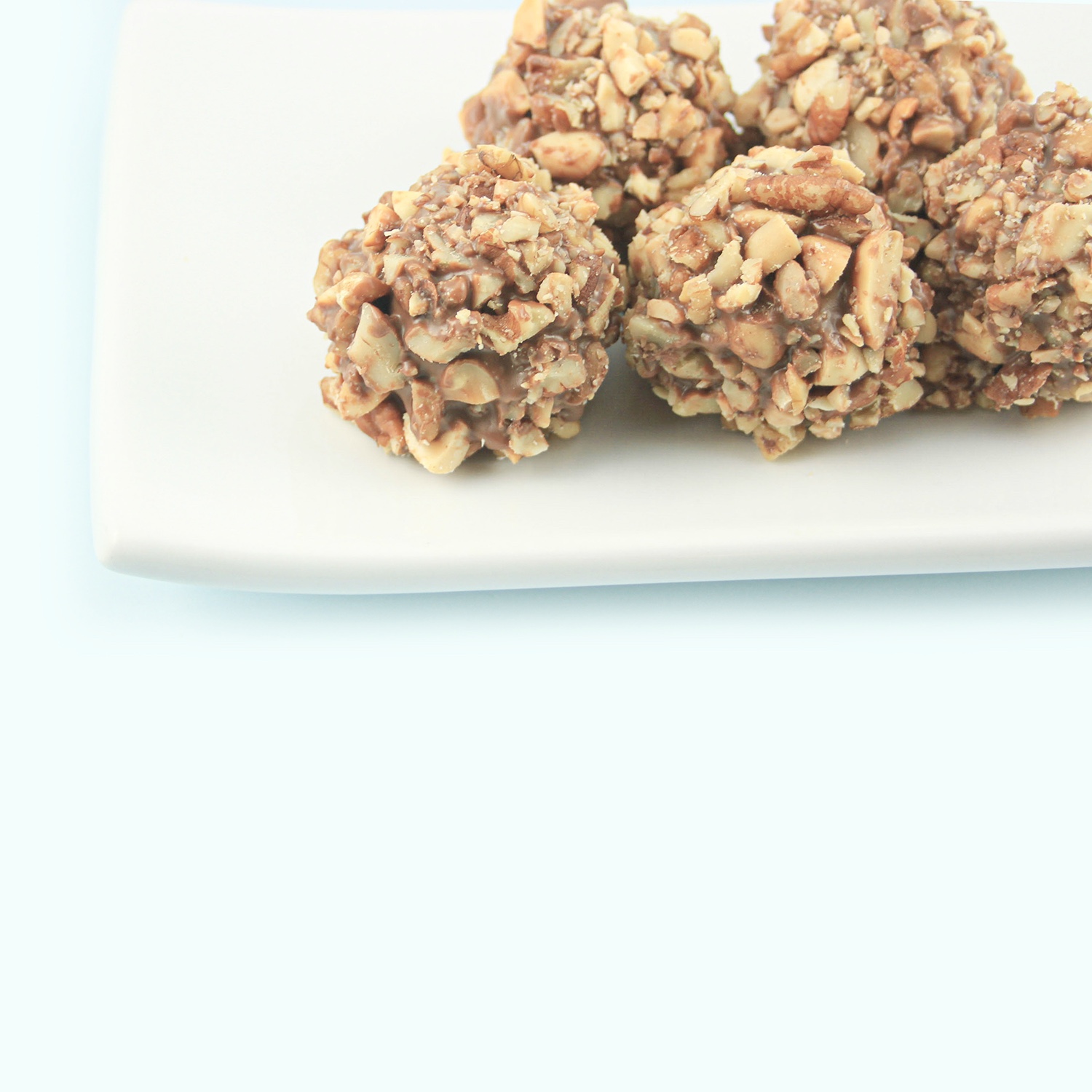 german chocolate cake balls displayed on a white plate.