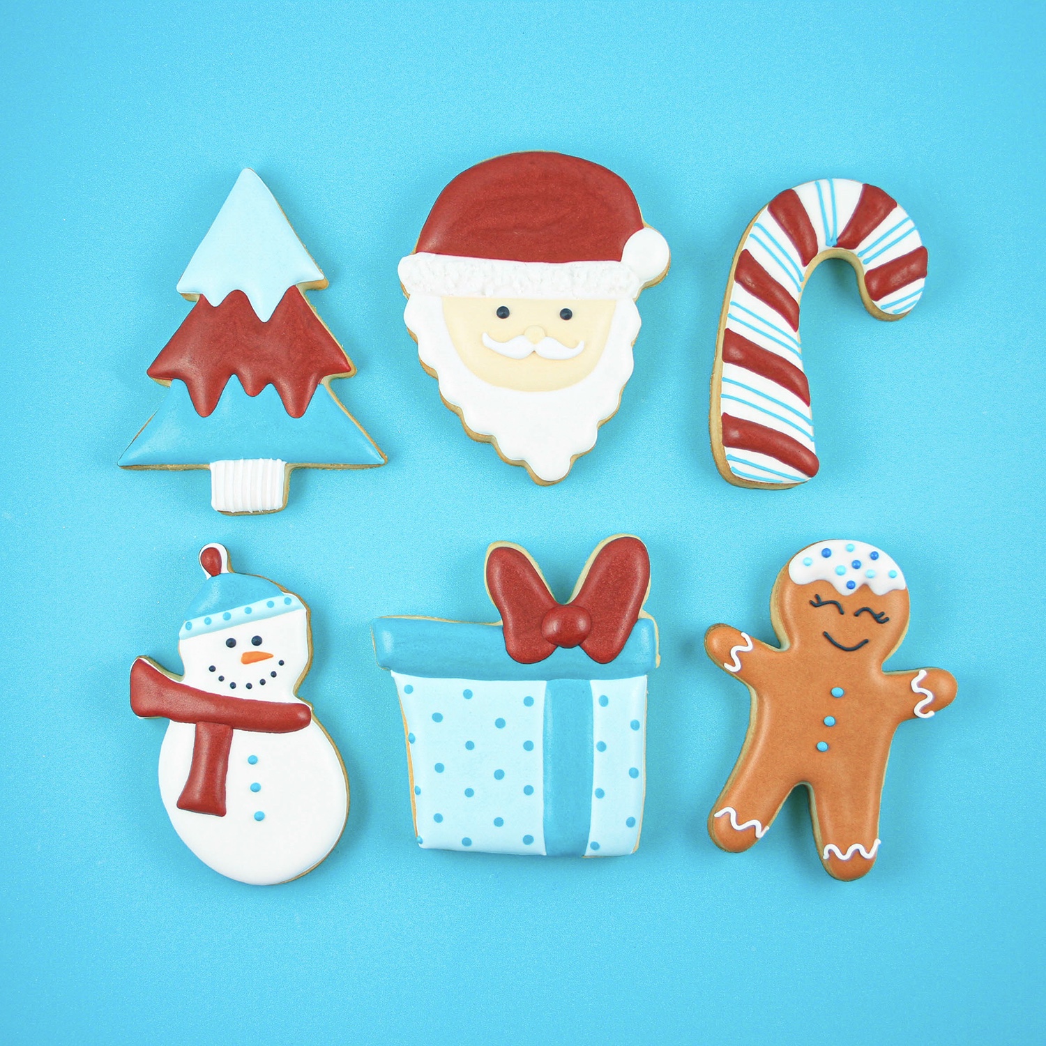 Christmas Royal Icing Decorated Cookies in the shapes of a tree, santa, candy cane, snowman, present and gingerbread boy.