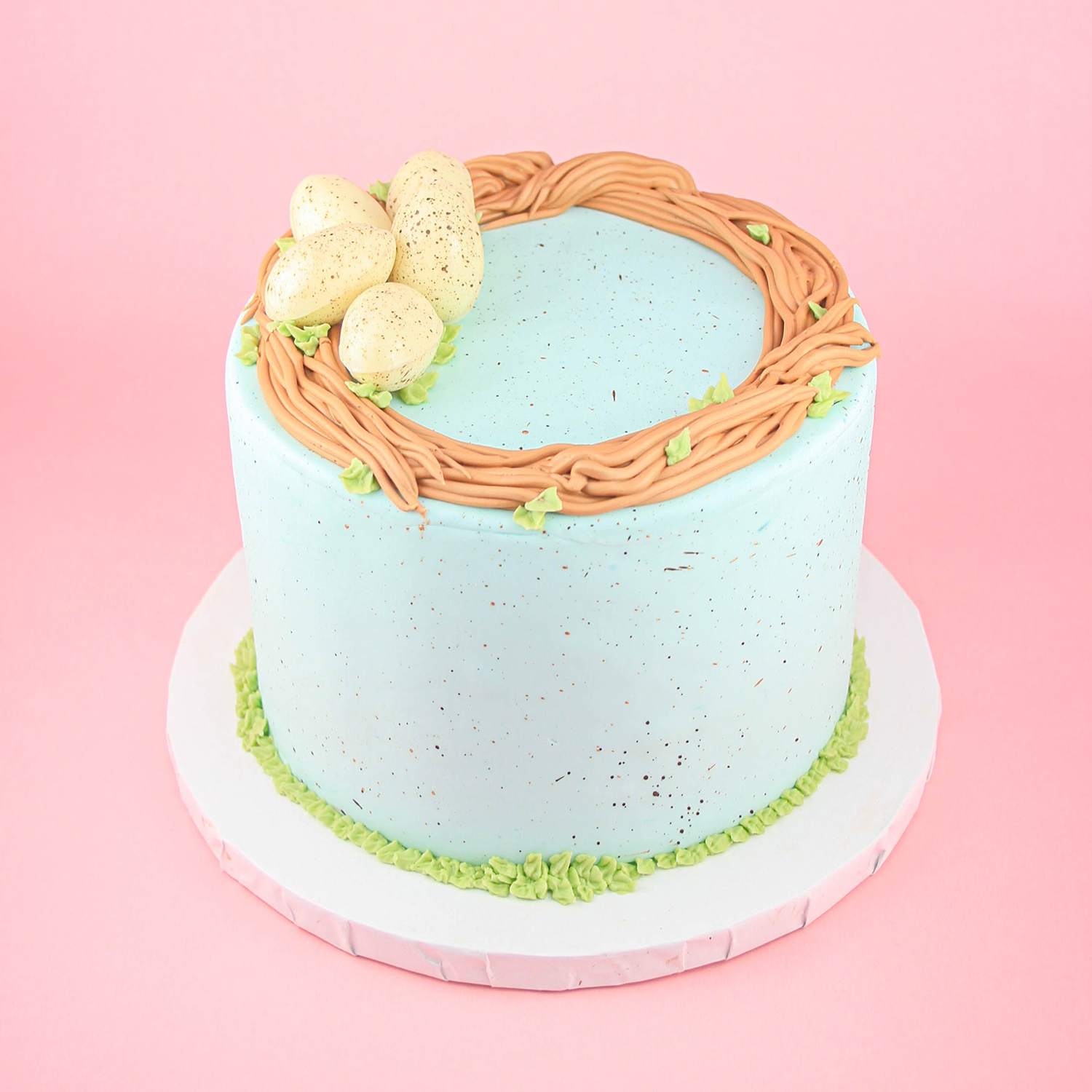 Robin egg blue color fondant cake, speckled with edible luster dust,  brown buttercream birds nest holding handmade chocolate eggs and a green buttercream leaf piped border