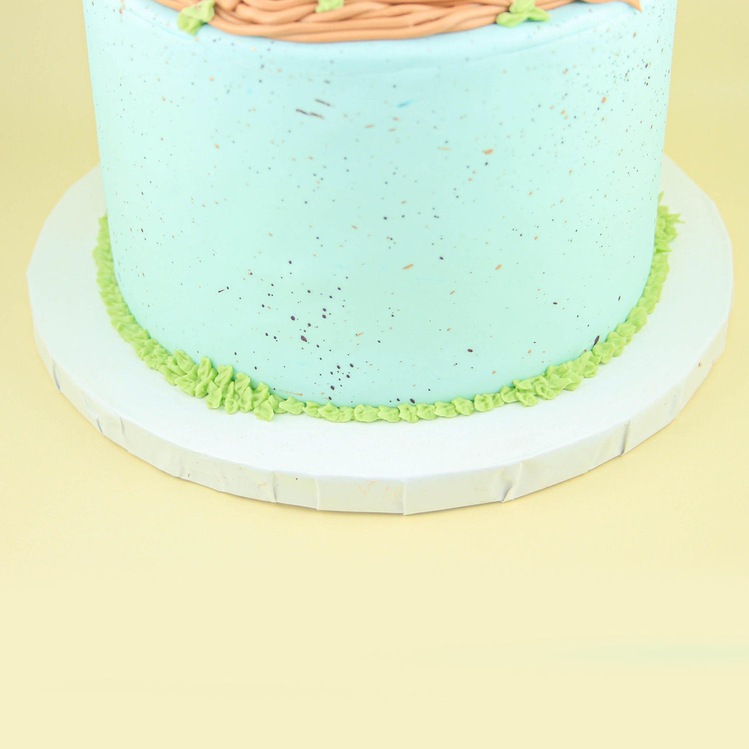 Robin egg colored fondant cake speckled with luster dust paint and piped buttercream leaf boarder