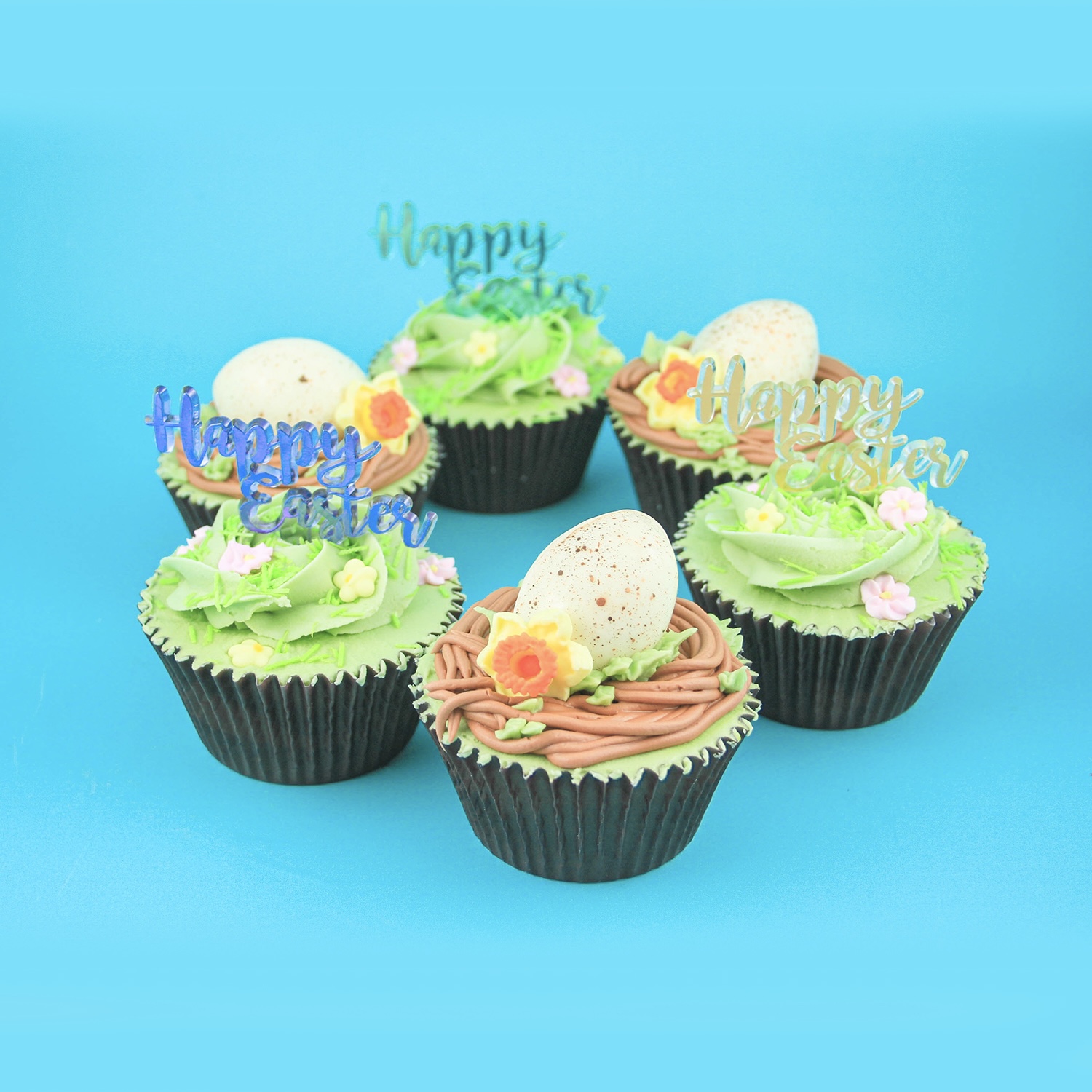 Happy Easter Cupcakes with birds nest and chocolate egg and a green piped rosette with a Happy Easter pick and sprinkles