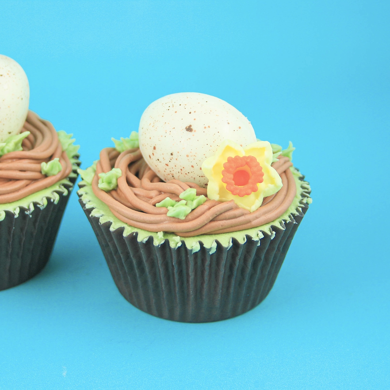 Cupcake with brown buttercream nest and chocolate speckled egg and sugar flower