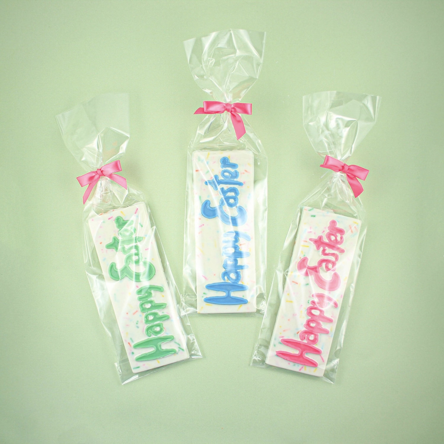 Happy Easter Sprinkle Candy bar packaged in cello bags and pink bows
