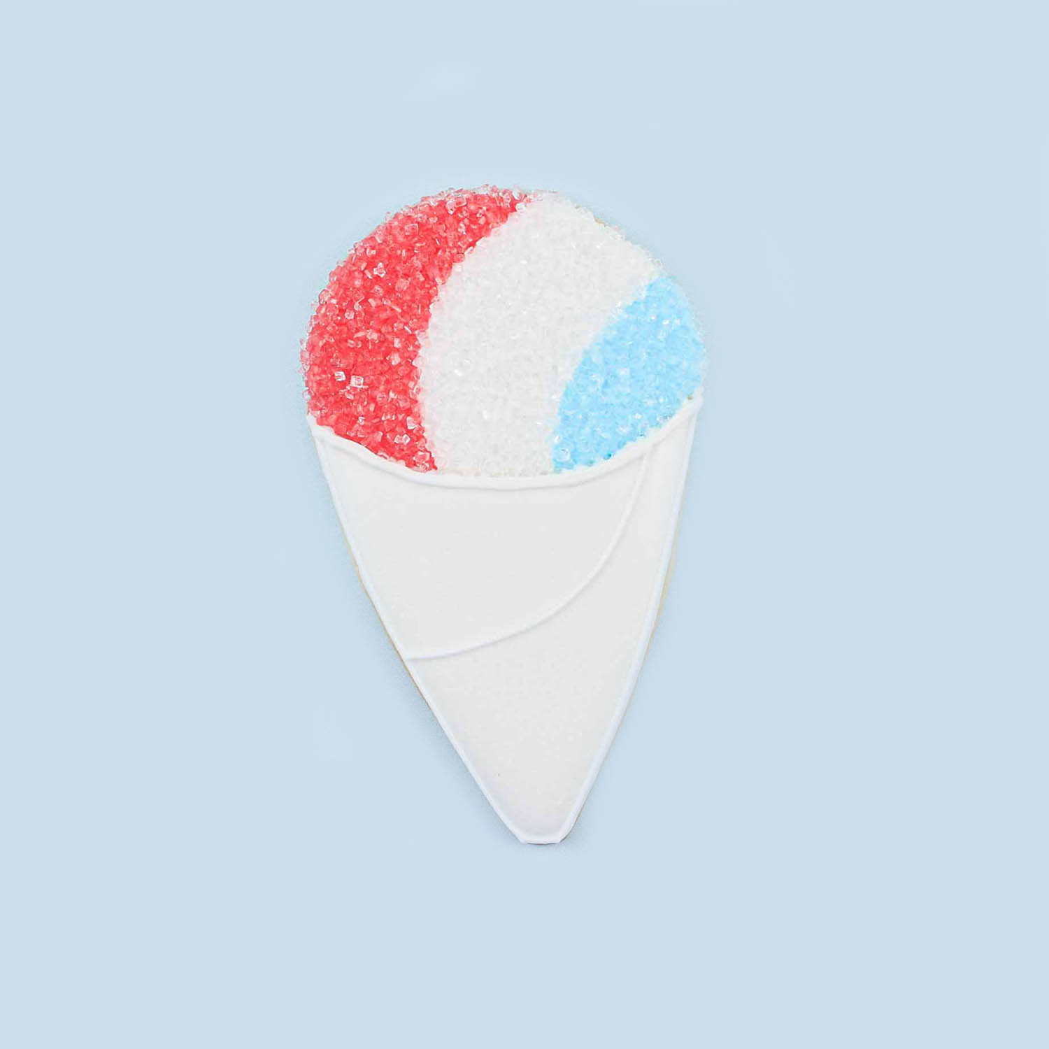 Royal icing decorated snow cone cookie. Shaved ice decorated in coarse sugar crystals