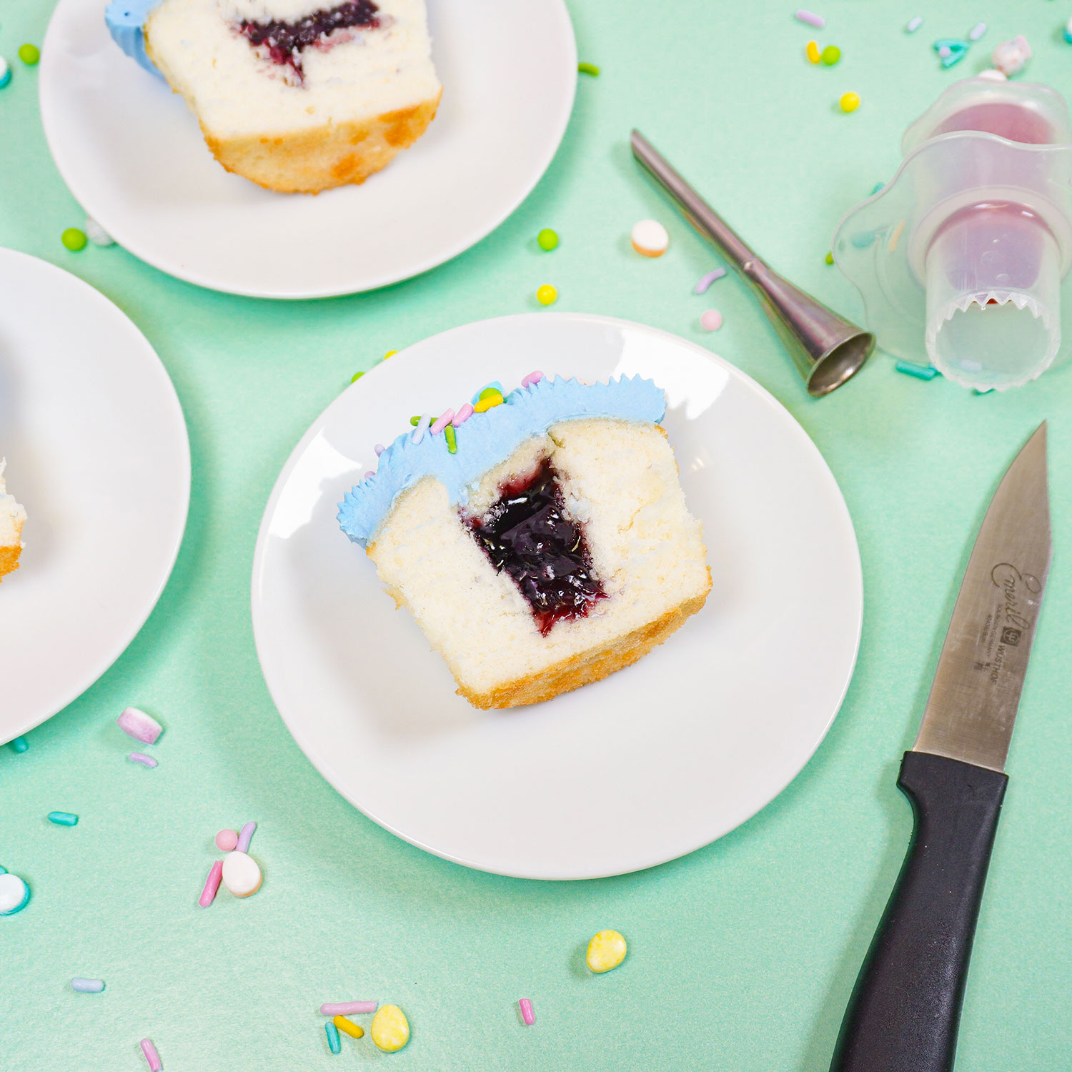 vanilla cupcake filled with blueberry filling