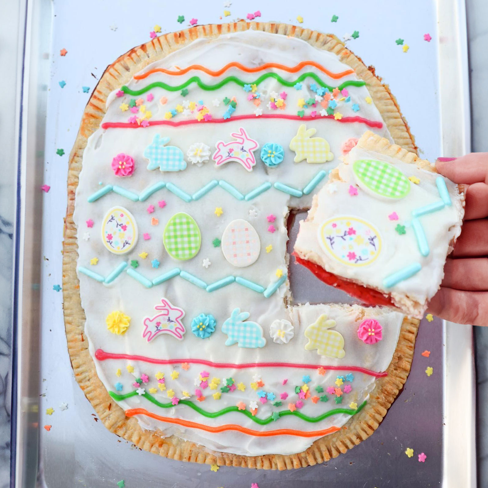 easter egg pop tart on a baking sheet