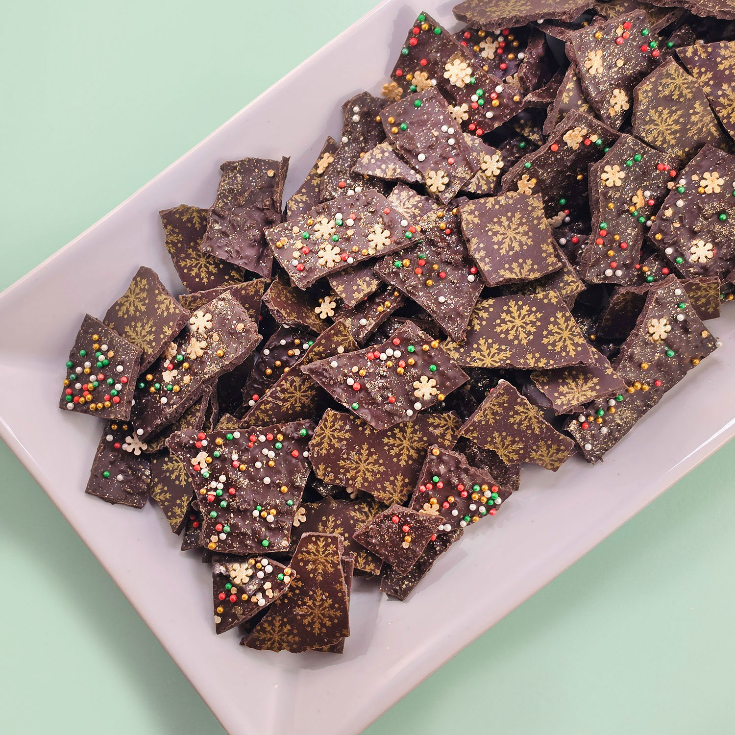 thin mint inspired chocolate bark decorated for christmas