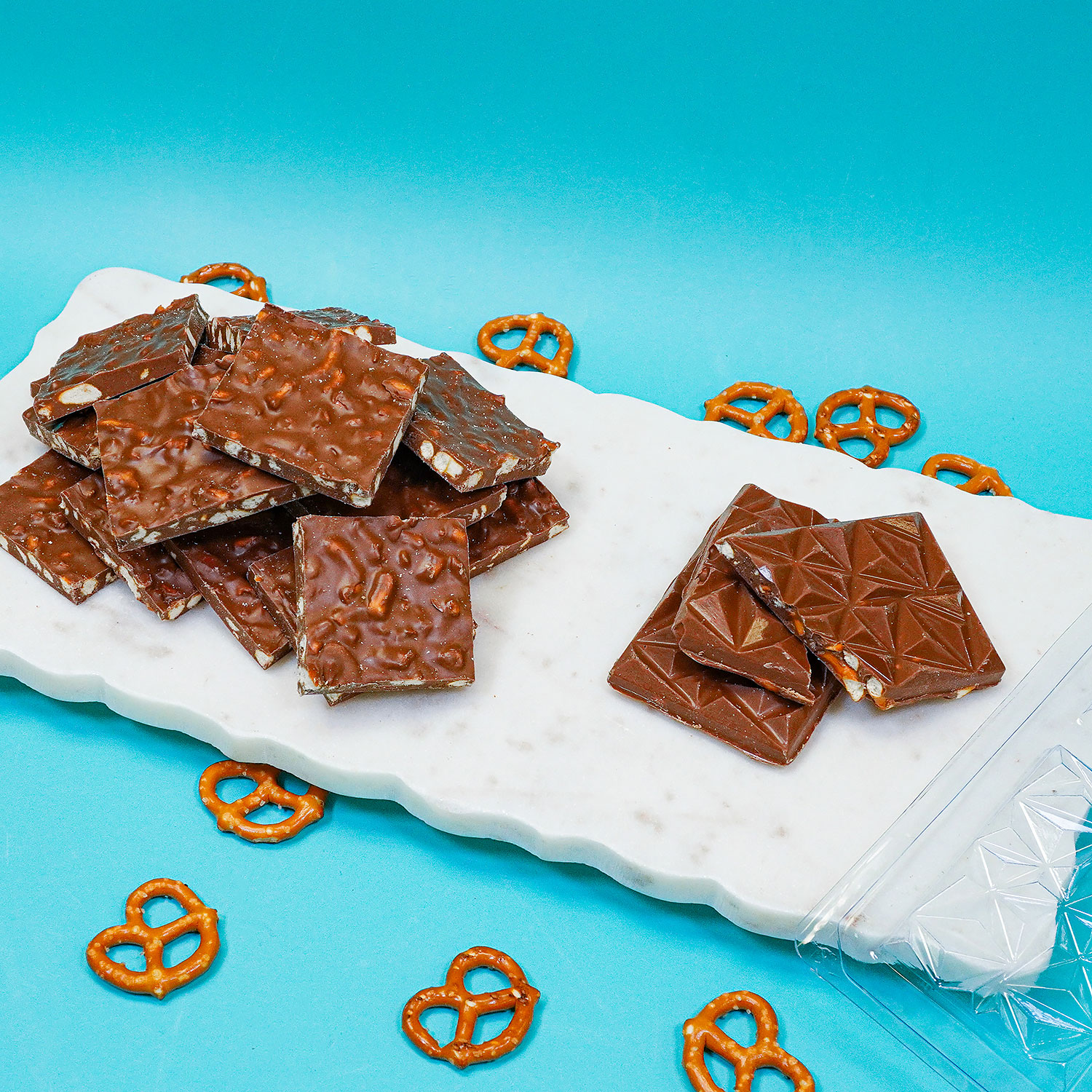 Chocolate pretzel bark and pretzel chocolate candy bars